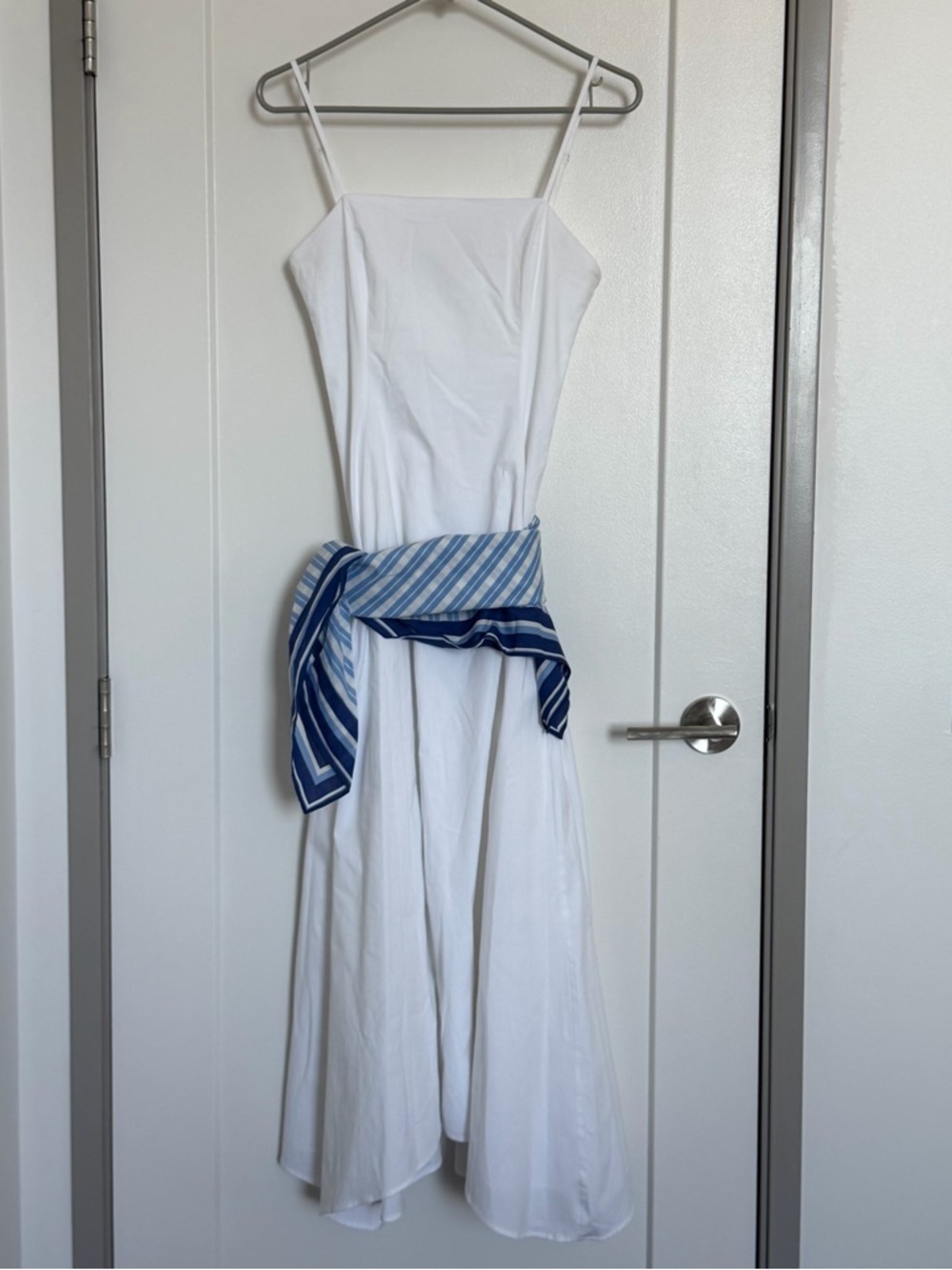 Zara White Strap Midi Dress with Blue Striped Sash